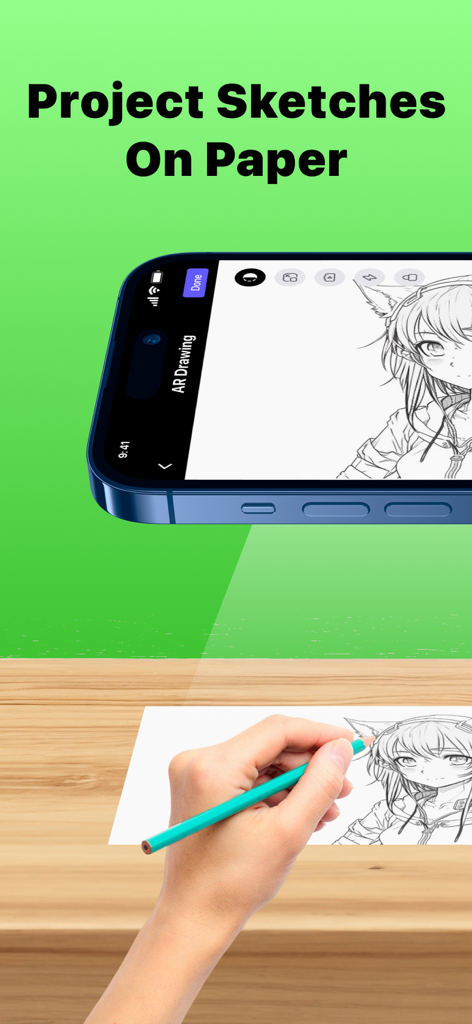 Drawing Projector: AR Drawing - Una persona usando la aplicación Proyector de Dibujo para calcar el contorno de un personaje de anime desde la pantalla de un smartphone sobre una hoja de papel.