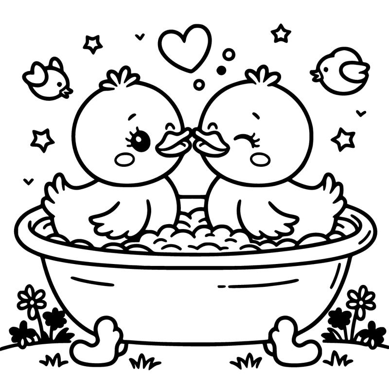 two baby ducks kissing in a bathtub