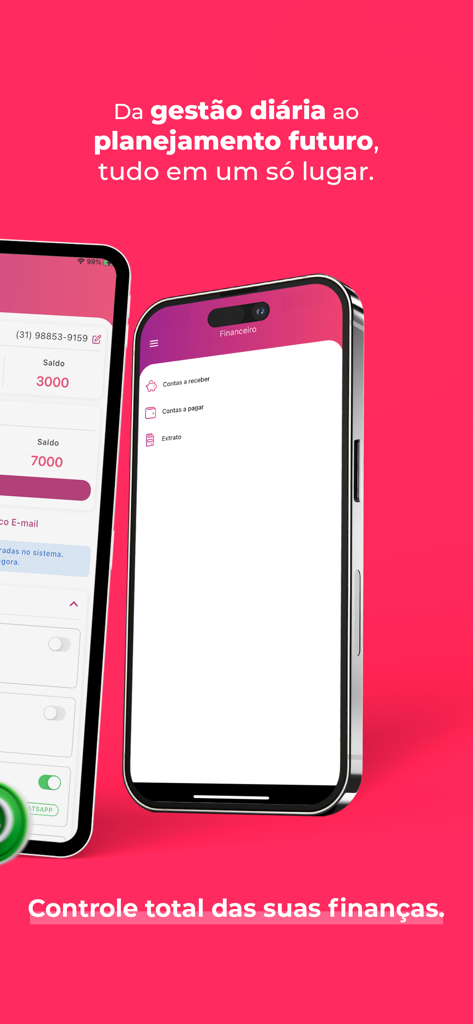 Empresária Online - Interface do aplicativo Empresaria Online em um smartphone mostrando recursos de gerenciamento financeiro