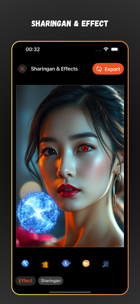 NaruPix: Shippuden Wallpaper - A woman's photo being edited with a red Sharingan eye and a blue ninja energy ball effect in the NaruPix app.