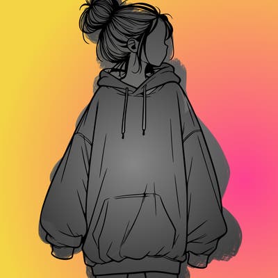 realistic girl with a oversized sweatshirt on and a bun