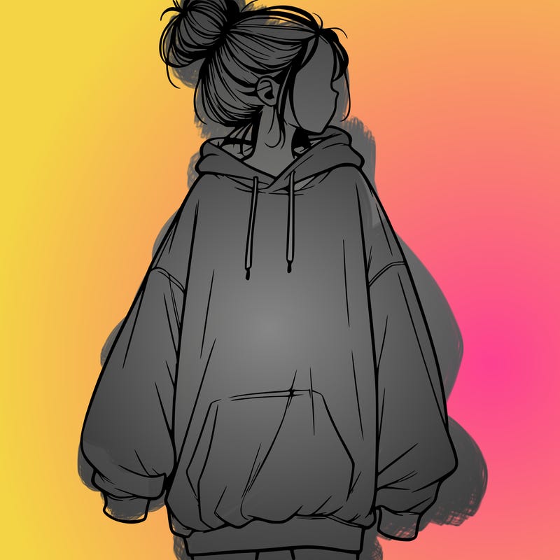 realistic girl with a oversized sweatshirt on and a bun