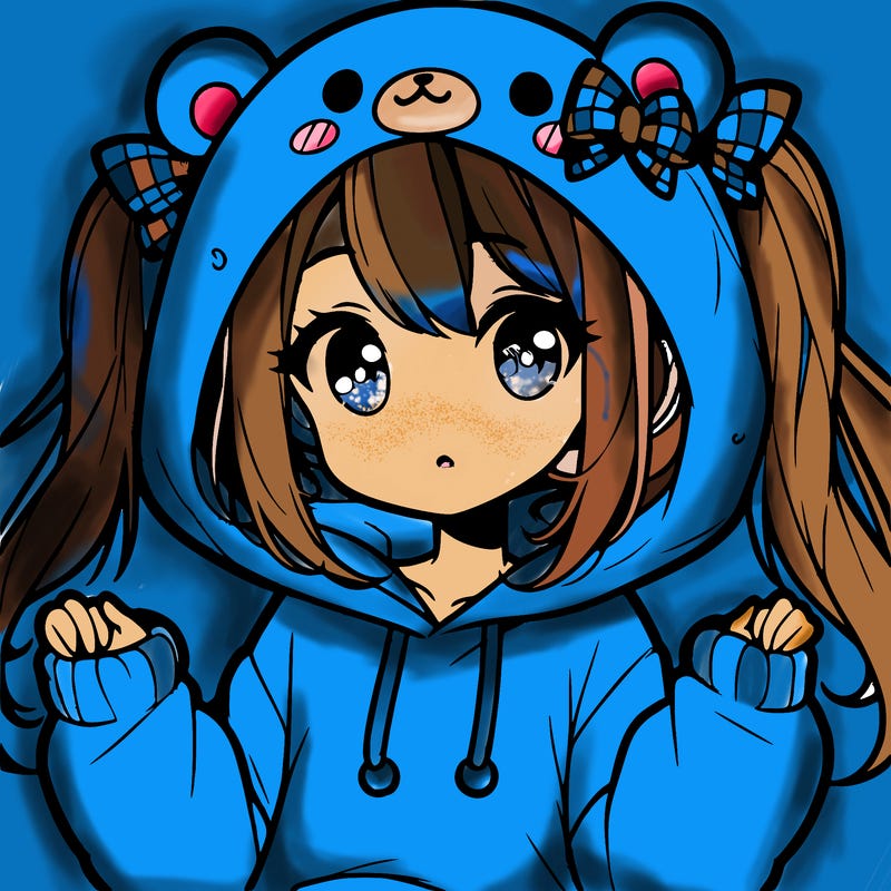 cute anime girl with ponytails and a cute bear hoodie
