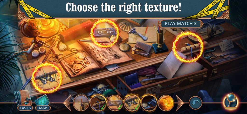 Unsolved Case: Episode 3 - F2P - Cena detalhada de objetos escondidos em Unsolved Case Episode 3 com itens destacados para encontrar em uma mesa bagunçada.