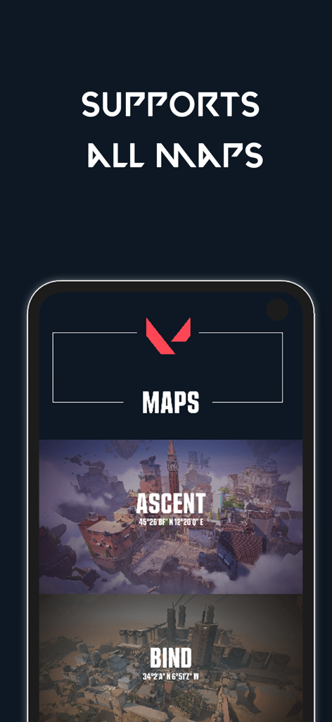 A mobile app screen showing a list of Valorant maps like Ascent and Bind under the heading Supports All Maps