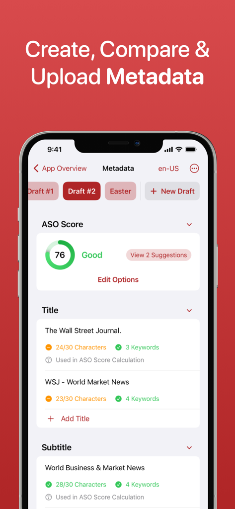 ASO Toolkit by Redbox Mobile - ASO Toolkit app showing metadata draft editor with ASO score and keyword suggestions