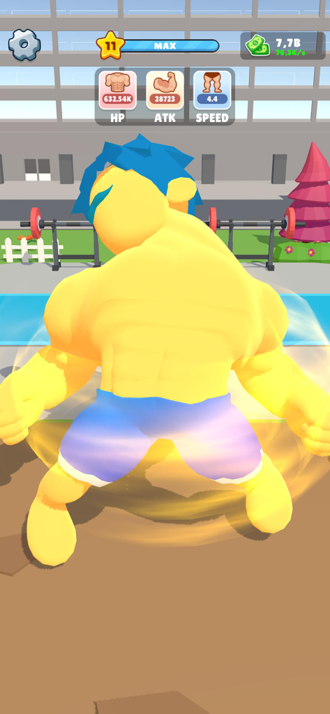 Gym Clicker: KO MMA Boxing - A muscular yellow character with blue hair showing high stats in the Gym Clicker mobile game