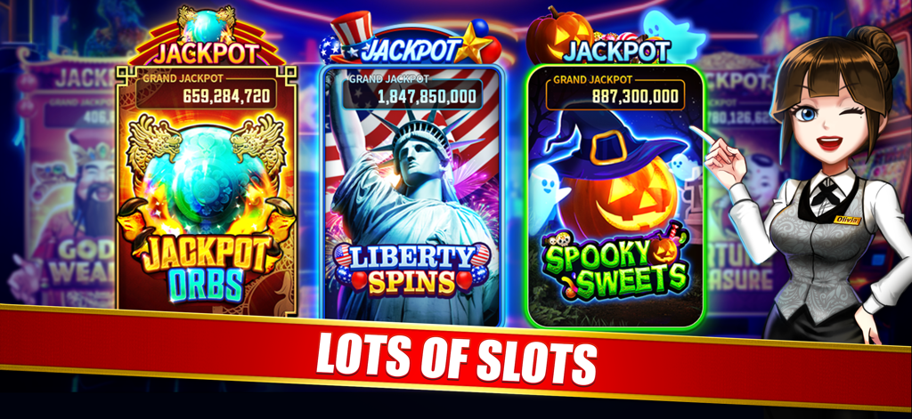 Dragon Ace Casino - Poker - Dragon Ace Casino app screen featuring themed slot machines like Liberty Spins and Spooky Sweets