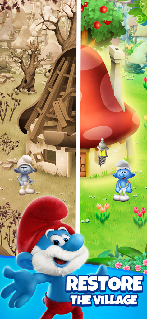 Papa Smurf showing a before and after restoration of a mushroom house