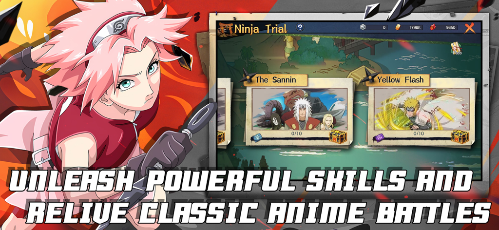 Konoha Shippuden: Ninja War - Arte do personagem Sakura Haruno e menu do Julgamento Ninja no jogo mobile Konoha Shippuden
