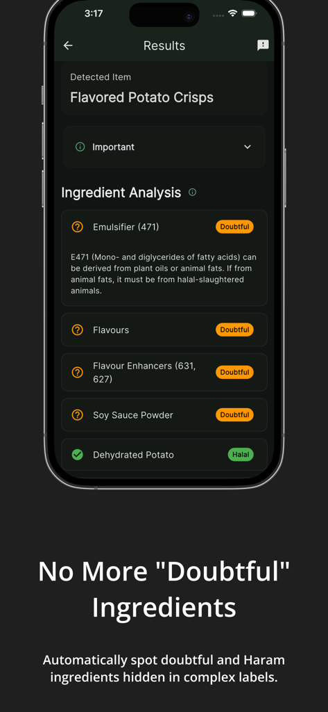 Halal Scanner: HalalChecker AI - Halal Scanner app ingredient analysis screen showing halal and doubtful status for food additives in potato crisps