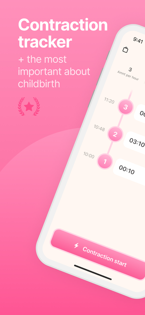 Contraction tracker mobile app screen with a start button and timed records