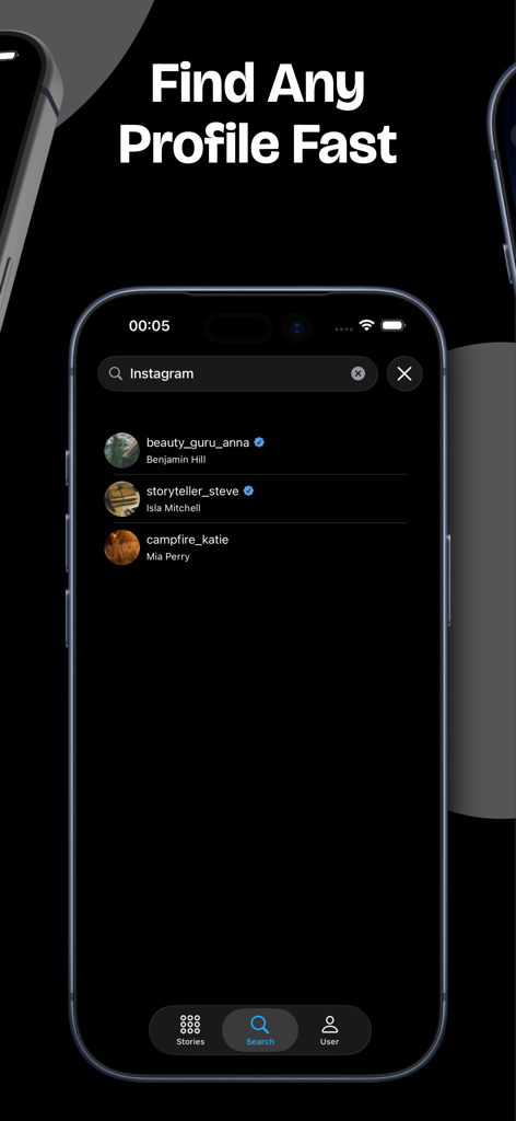 Instory app search screen showing a list of Instagram profiles with the text Find Any Profile Fast