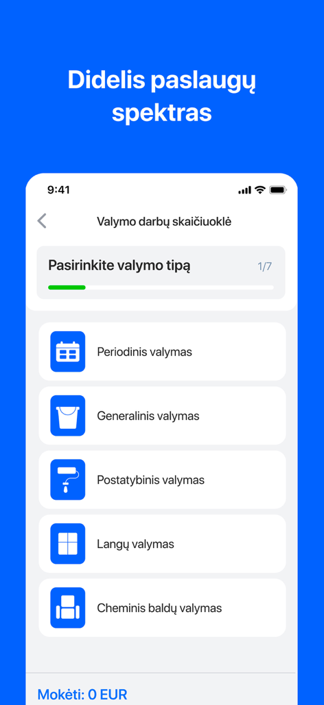 Interfaccia dell'app mobile InClean che mostra un elenco di servizi di pulizia tra cui pulizie periodiche, generali e delle finestre