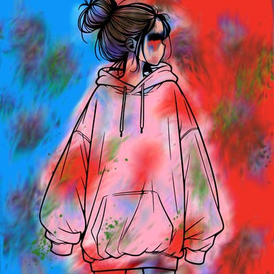 realistic girl with a oversized sweatshirt on and a bun