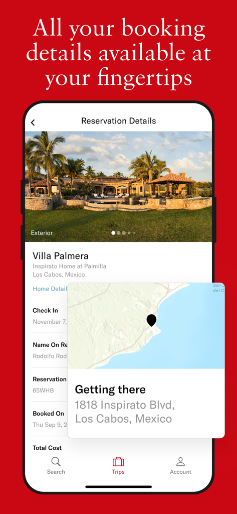 Inspirato app reservation details screen showing a luxury villa in Los Cabos with check-in info and map