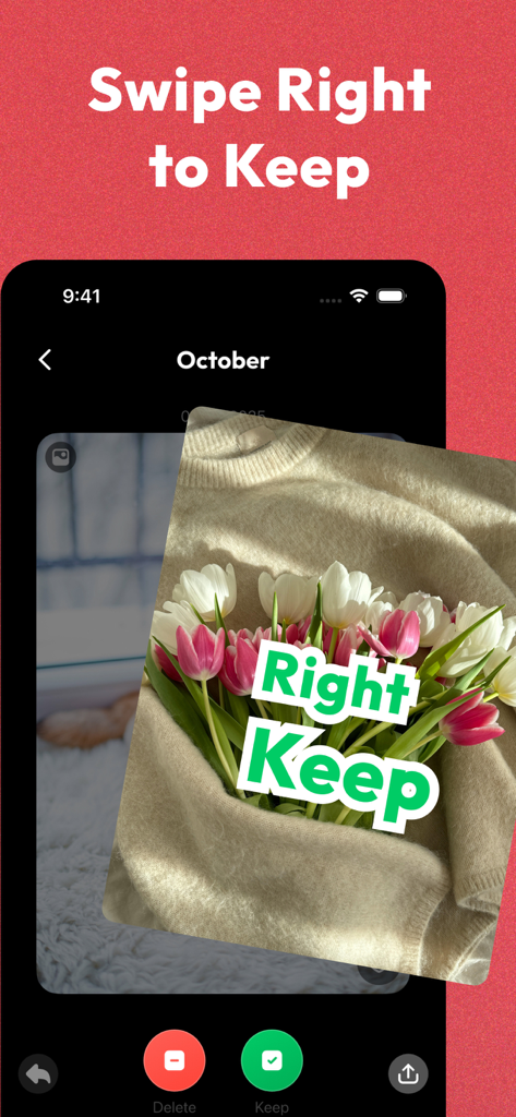 Interface of Swiper app showing the swipe right to keep photo gesture