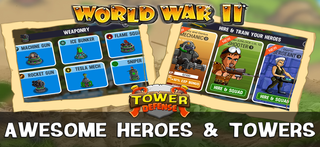WWII Tower Defense - WWII Tower Defense game screen showing various hero units and defensive towers like machine guns and snipers