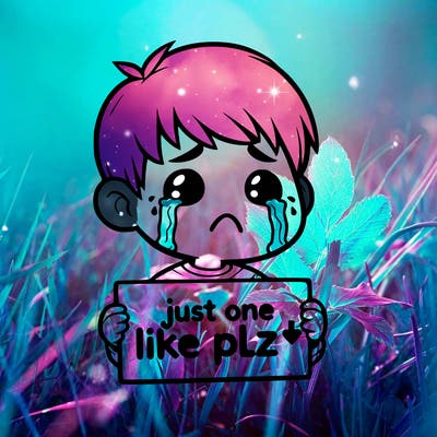 realistic crying boy with a sign saying just one like plz