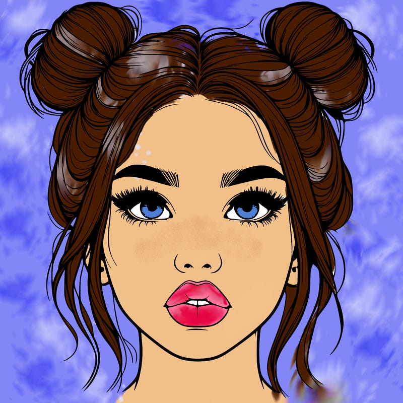 realistic girl with two buns on her hair and lips