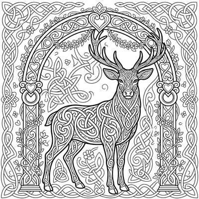 Discover this exquisite coloring page featuring a majestic stag composed of ornate Celtic knots, elegantly framed by a beautiful wedding arch. It's a perfect blend of ancient symbolism and romantic celebration, waiting for your creative touch.