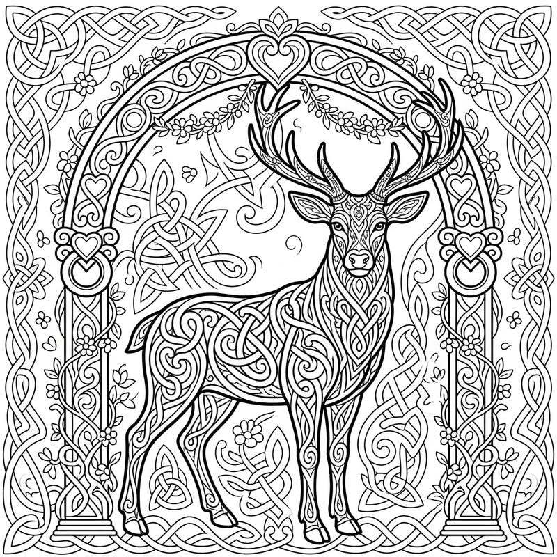 Discover this exquisite coloring page featuring a majestic stag composed of ornate Celtic knots, elegantly framed by a beautiful wedding arch. It's a perfect blend of ancient symbolism and romantic celebration, waiting for your creative touch.