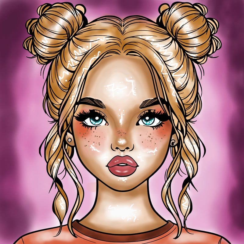 realistic girl with two buns in hair and lips