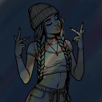 realistic teenage girl with braids and a beanie and crop top doing 🫶🏼