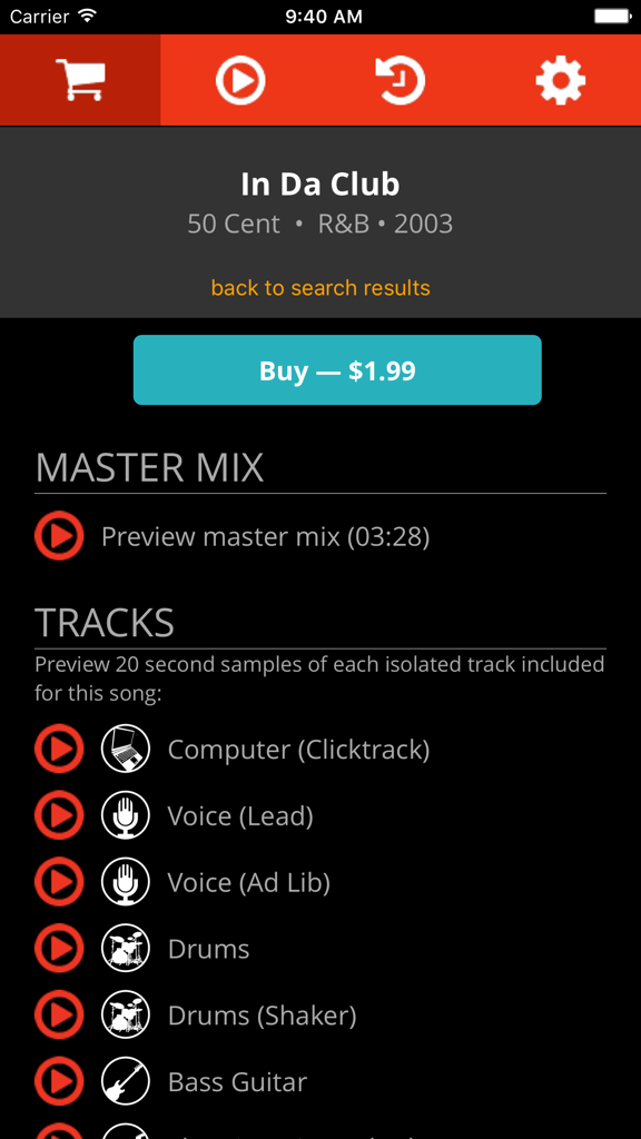 JamTracks - Interface of the JamTracks app showing isolated stems for drums, bass, and vocals for the song In Da Club.