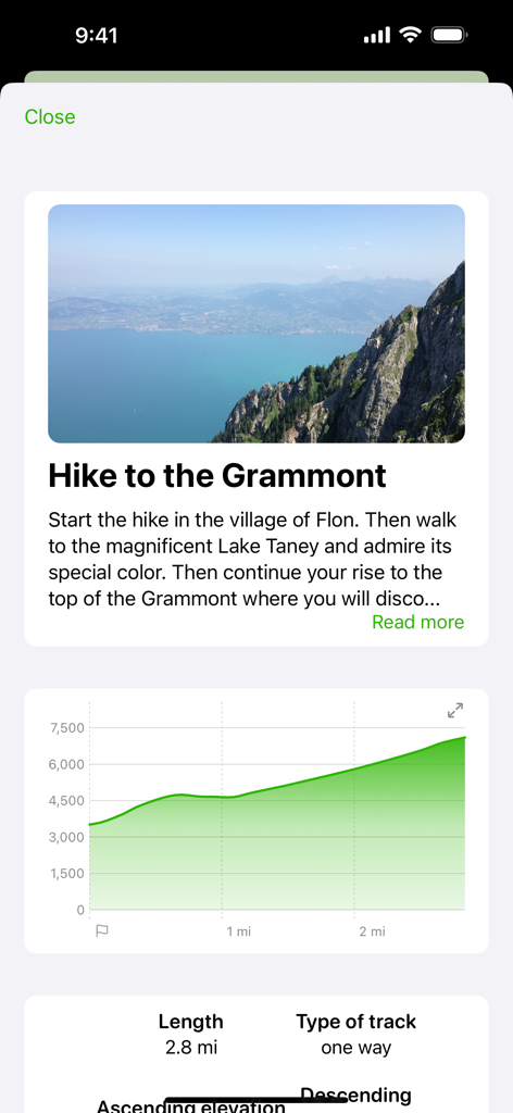 GPX viewer 2 - Pantalla de GPX viewer 2 que muestra la descripción de la caminata Grammont y el gráfico del perfil de elevación