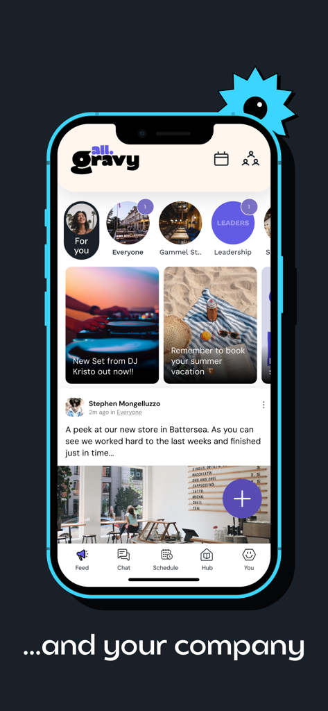 All Gravy - A smartphone showing the All Gravy app newsfeed with company updates, social posts, and employee community features.