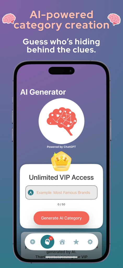 Guess It - Charades with AI - Guess It app interface showing the AI Generator tool for creating custom party game categories powered by ChatGPT