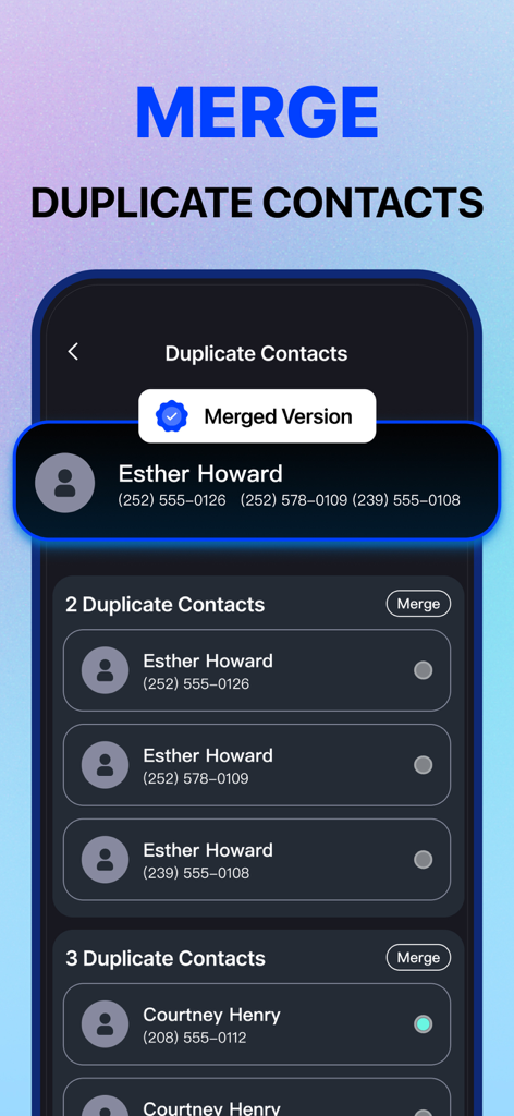 Interface do aplicativo Smart Cleaner mostrando a ferramenta para mesclar contatos duplicados e organizar a agenda.