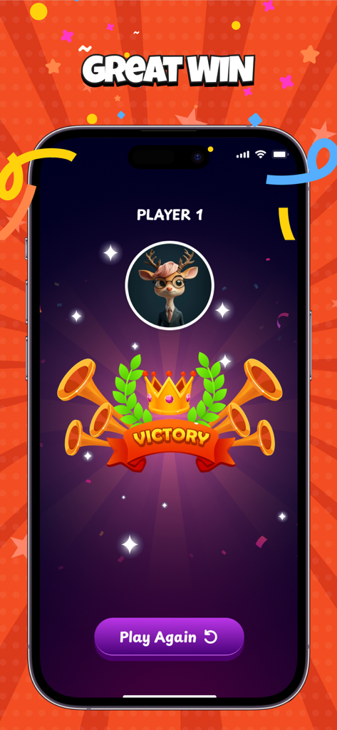Bomb Chip victory screen showing a win for Player 1 with a deer character avatar