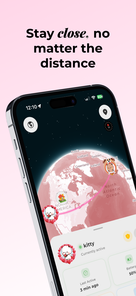 Bonded Together - Interface of Bonded Together app showing real time location sharing for couples on a globe map