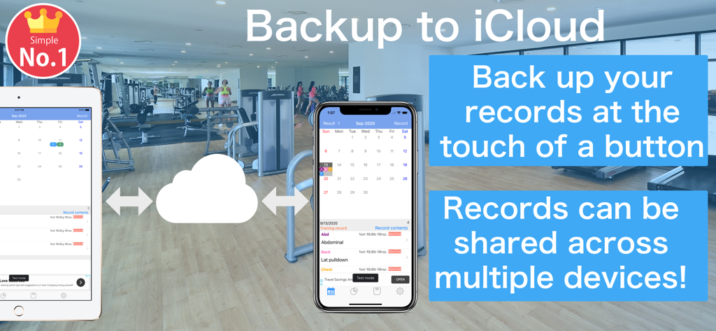 Interface de l'application Fitness Workout Log Calendar montrant la sauvegarde iCloud et la fonction de synchronisation multi-appareils sur iPhone et iPad