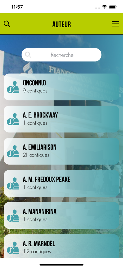 Fihirana Advantista - A screen from the Fihirana Advantista app showing a searchable list of hymn authors and their song counts.