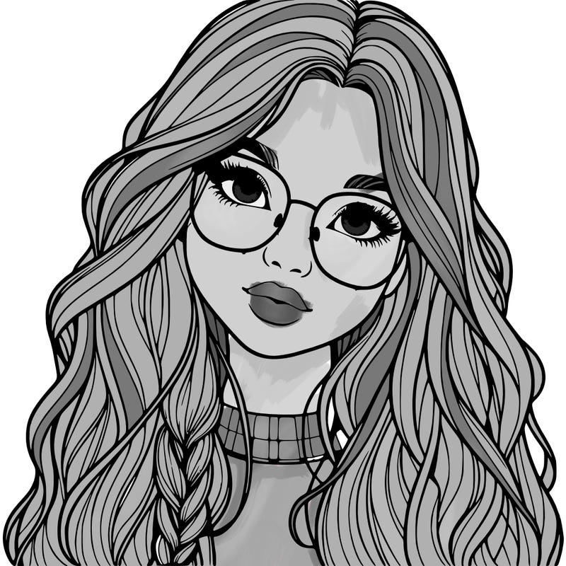 girl with long hair and freckles and glasses realistic