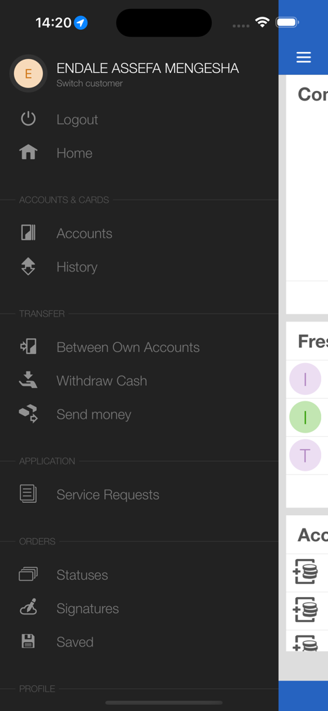 Awash-Online - Navigation sidebar of the Awash-Online mobile banking app showing account and transfer options