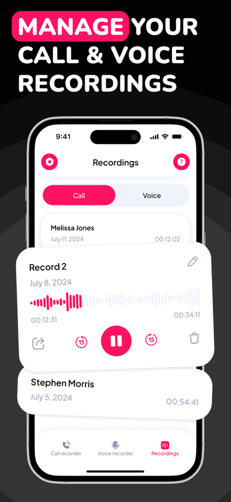 Interface de um aplicativo móvel mostrando uma lista de gravações de chamadas e mensagens de voz com controles de reprodução de áudio e exibição de forma de onda.