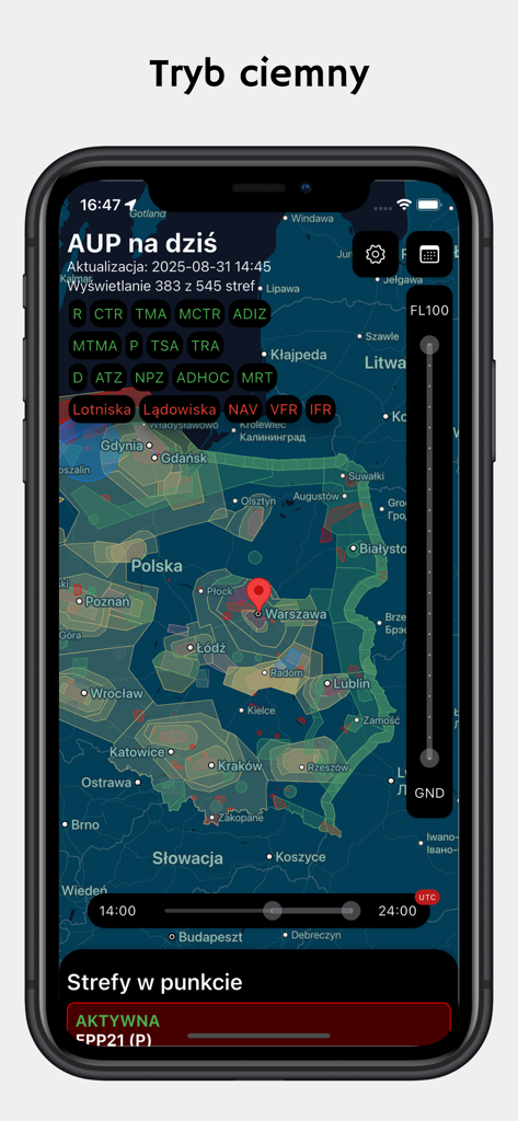 Interfaccia della modalità scura dell'app AUP w Polsce che mostra una mappa interattiva delle zone di volo in Polonia.
