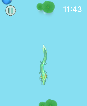 Watch Games-Summon the Dragon - A green dragon swimming in a blue waterworld with lily pads in an ink painting style.