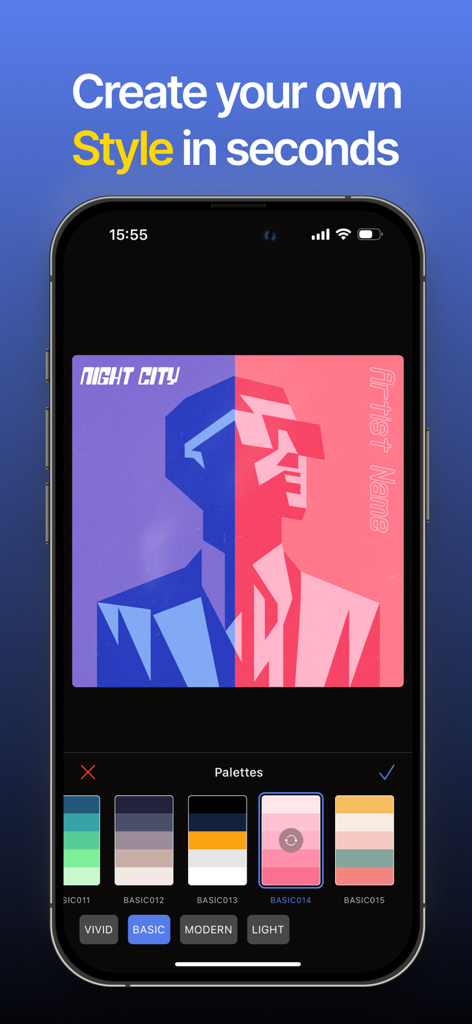 Interface do usuário do aplicativo FIBE mostrando a personalização da capa do álbum e as paletas de cores