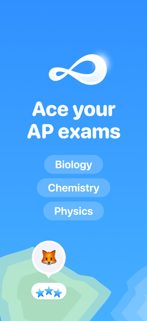 Medly - Ace AP - Tela inicial do aplicativo Medly apresentando opções de estudo de Biologia, Química e Física para exames AP