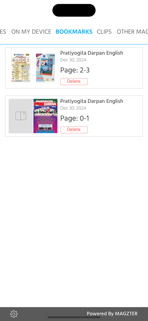 Pratiyogita Darpan Magazine - Bookmarks section within the Pratiyogita Darpan Magazine app showing saved pages for English editions.