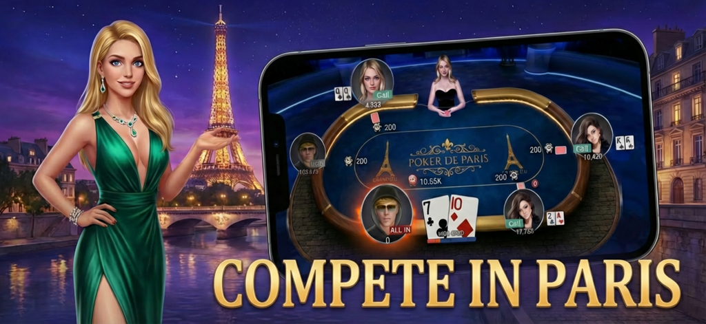 エッフェル塔を背景にしたパリをテーマにしたテキサスホールデムトーナメントを紹介する、ポーカーチャンピオンシップのプロモーション画像。