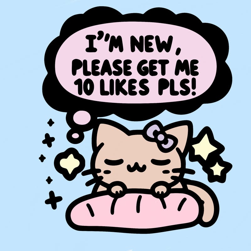 kitty taking a nap dream talking and saying "i'm new, please get me at least 10 likes pls!!"