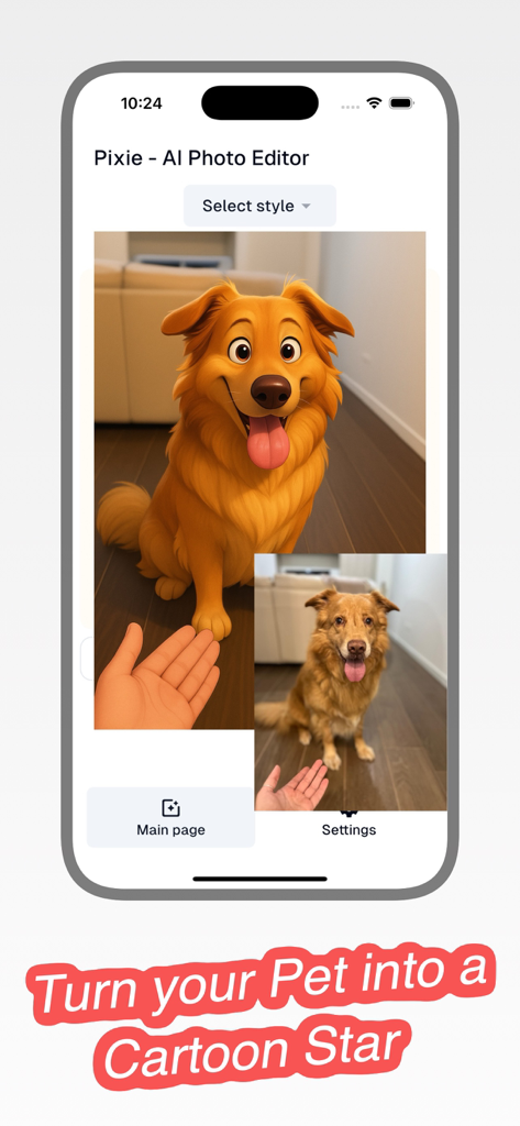 Smartphone screen showing the Pixie app turning a dog photo into a cartoon.