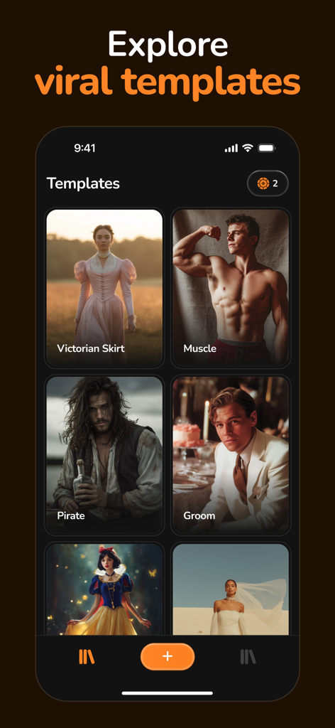 Luma: AI Video Generator - A mobile app interface titled Explore viral templates showing various AI styles including Victorian Skirt, Muscle, Pirate, and Groom.