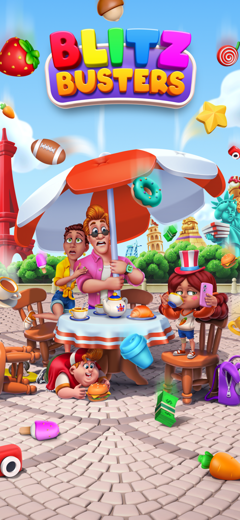 Blitz Busters - Colorful Blitz Busters promotional artwork featuring characters in a chaotic outdoor cafe scene with falling 3D objects and world landmarks in the background